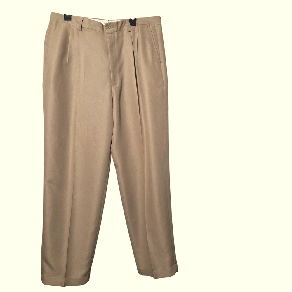 Crazy Horse Mens Tan Pleated Dress Khaki Cuffed Classic Fit Trousers Old Money - Picture 5 of 7